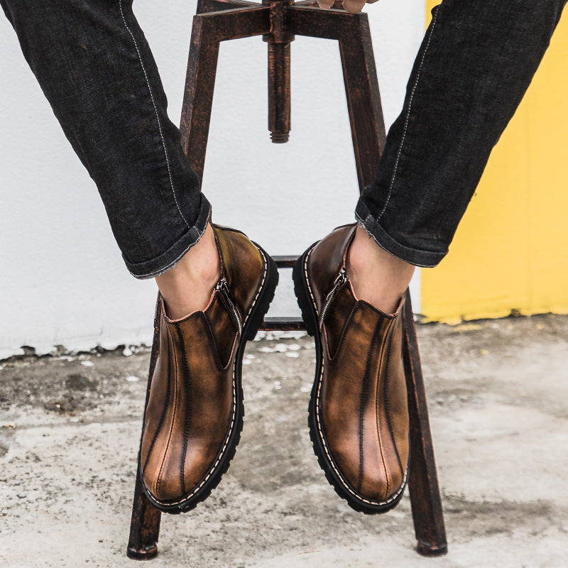 2020 New Winter Boots Leather Mens Martin retro round boots fashion leather shoes boots youth