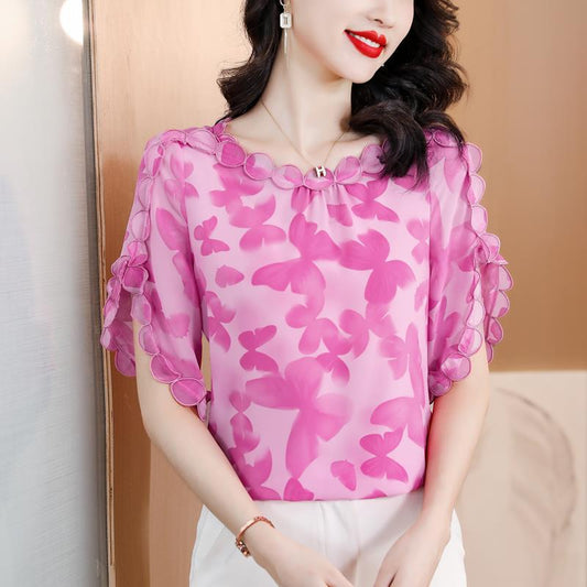 Summer 2023 New Arrival Embroidered Stitching Design Sense Chiffon Shirt Women's Short Sleeve Loose Belly-Covering Slimming Top