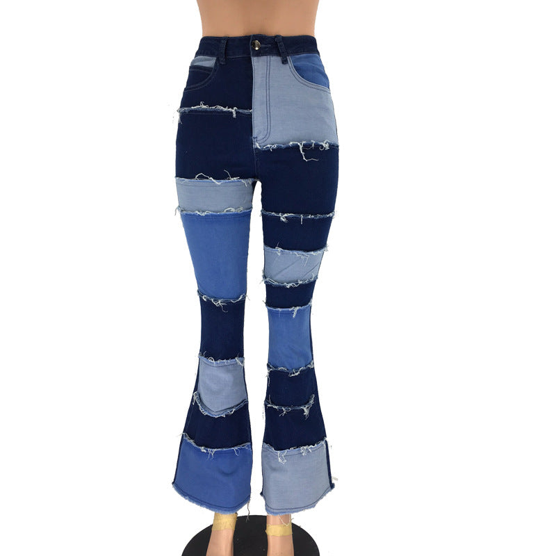 Autumn fashion contrast color patchwork high waist tight hip flared women's denim trousers