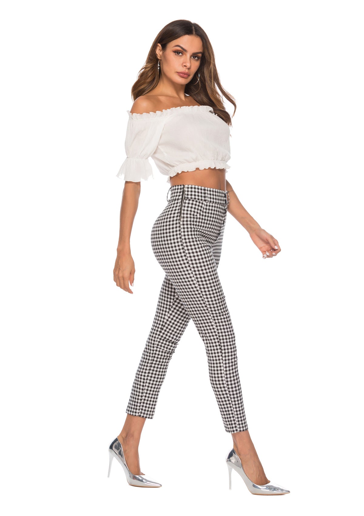High waist plaid slim pencil feet