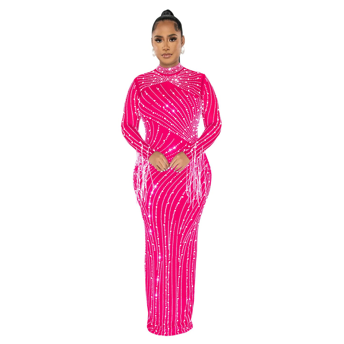 Women's Mesh See-through Rhinestone Long Sleeve Dress Lining Two-piece Set