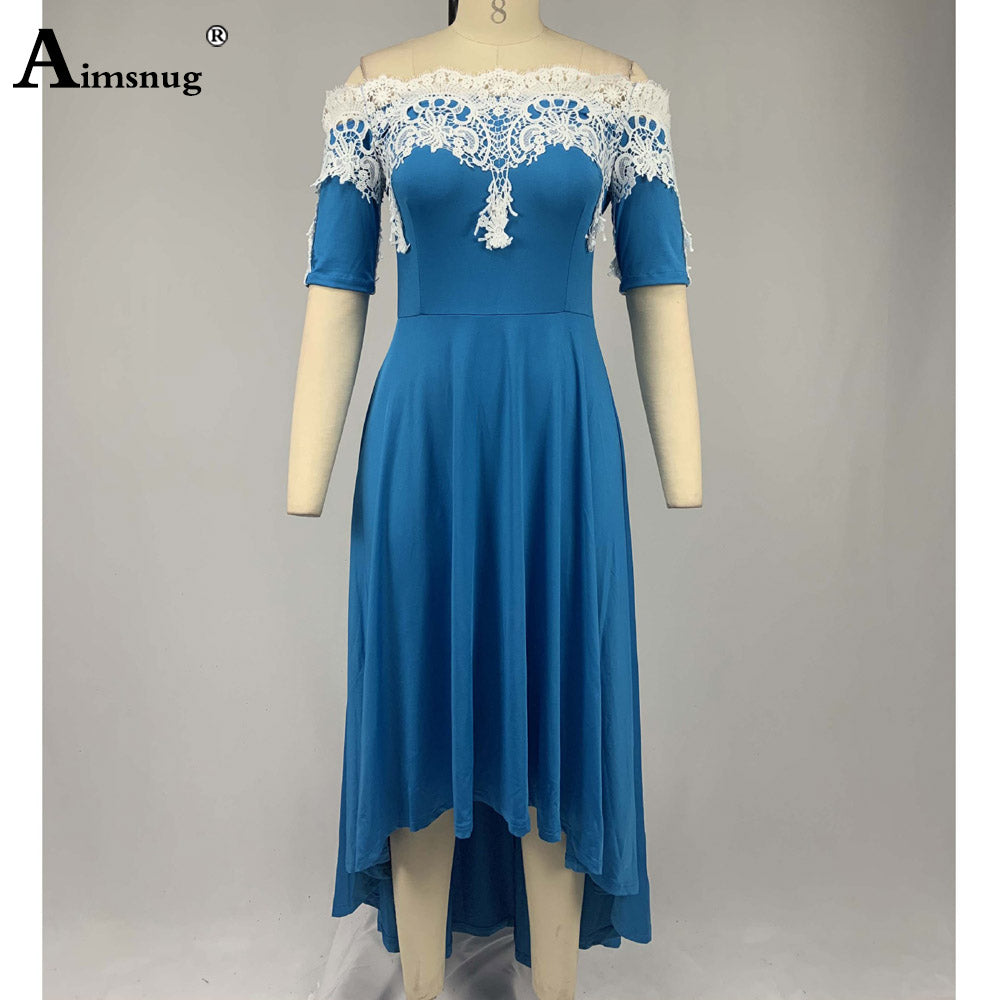 2023 europeo americano taglia 5xl donna elegante lungo Maxi vestito Slash Neck Party abiti da sera signore Vintage Splice Lace Dress