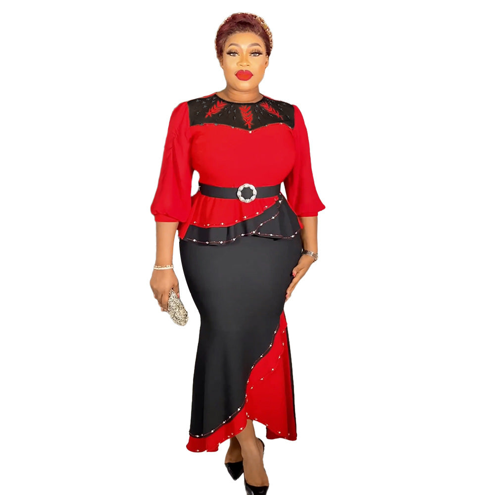 African plus size women's clothing hot sale temperament commuter contrast color two-piece hot rhinestone dress