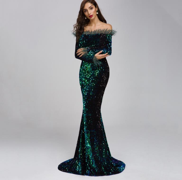 Feather sequins long evening dress