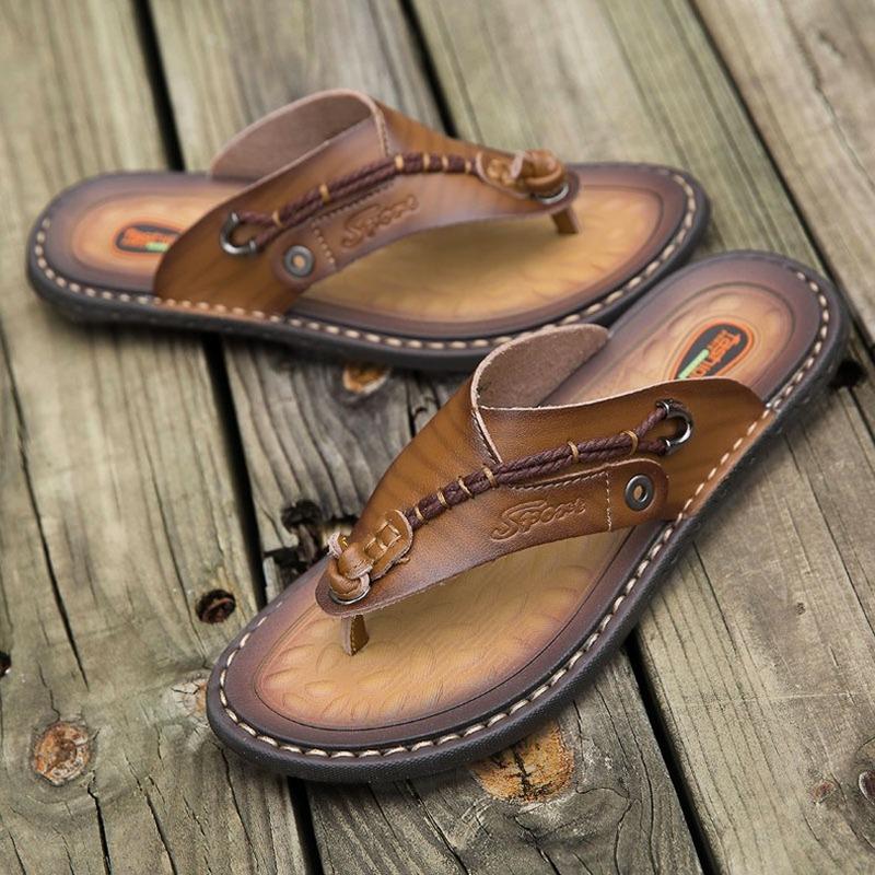 New summer handmade leather flip-flops trendy fashion men's flip-flops outdoor breathable comfortable men