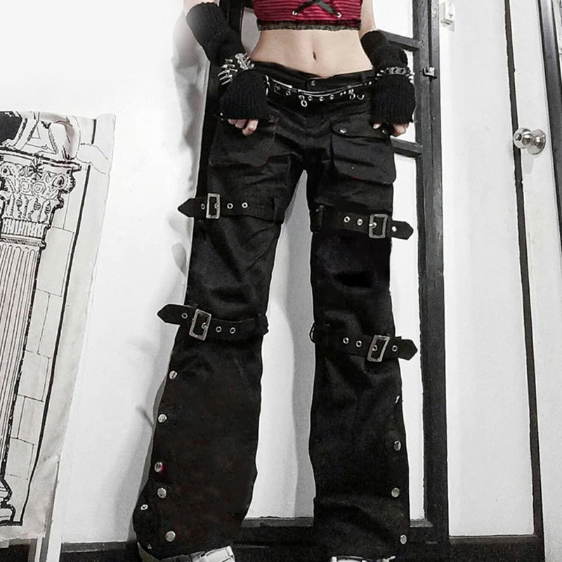 Women Black Cargo Jeans with Multi Pockets Metal Buckle Belt Straight Trousers Dropship
