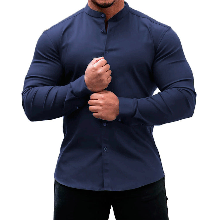 Men's Solid Color Sports Casual Cardigan Slim Fit Micro Elastic Long Sleeve Casual Button Shirt