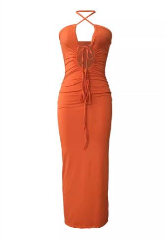 hirigin Women Long Bodycon Dress Solid Color Cutout Tie-Up Cross Halter Neck Tight Dress Sleeveless Backless Party Dress