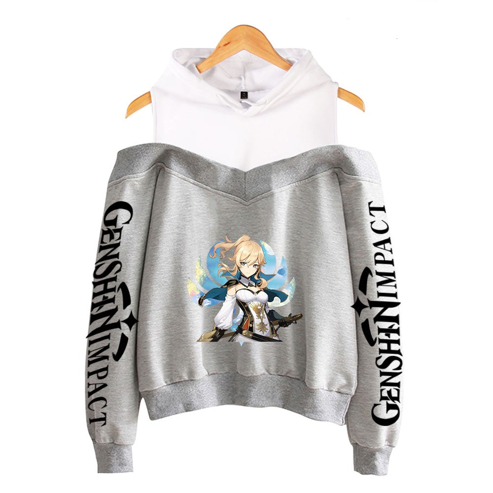 Genshin Impact Hoodies Women's Off-shoulder Hoodie Sweatshirt Autumn Winter Hoodie Harajuku Cartoon Xiao Off-shoulder Sweatshirt