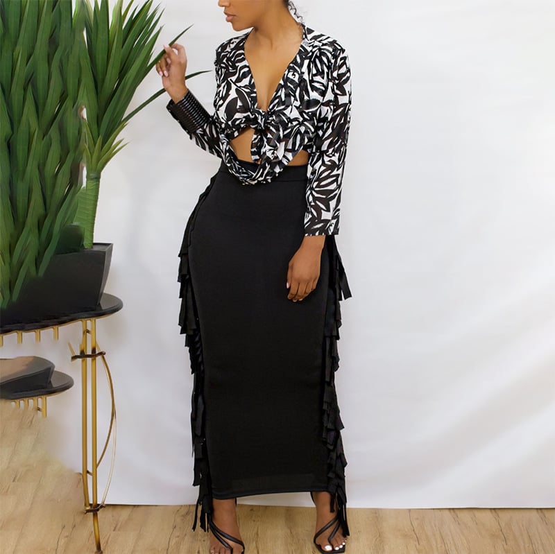 Casual High Waist Pleated Mid-length Fringed Skirt
