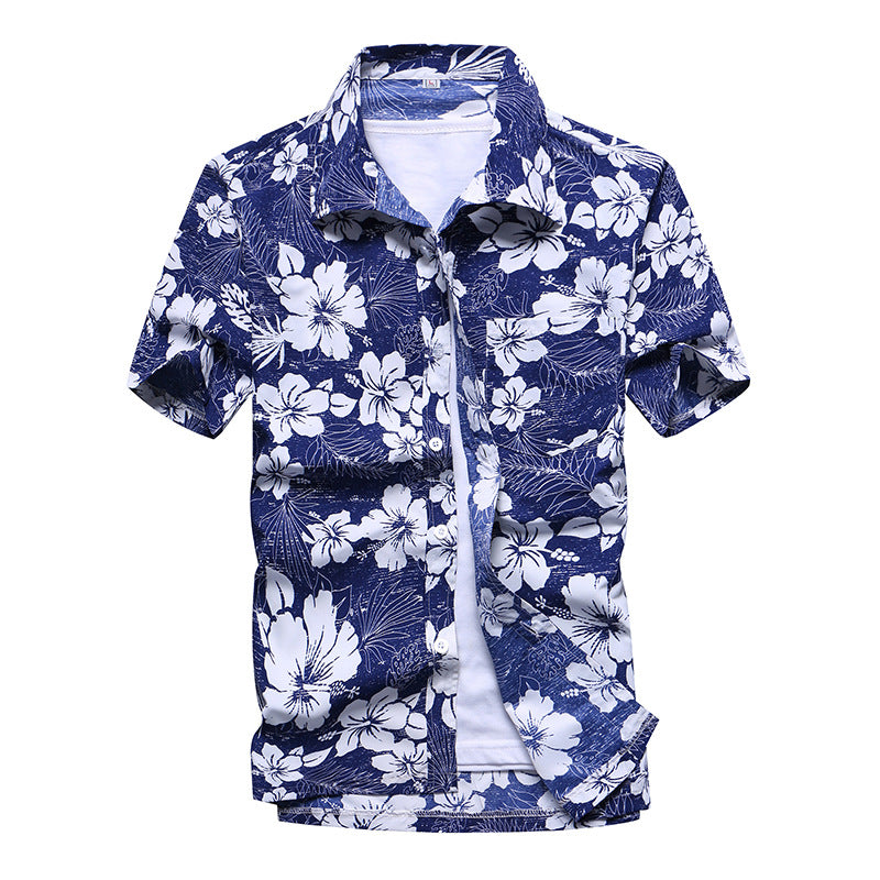 Summer Men's Printed Large Size Short-sleeved Shirt Beach Quick-drying Loose Shirt Hawaii Beach Vacation Travel Suit