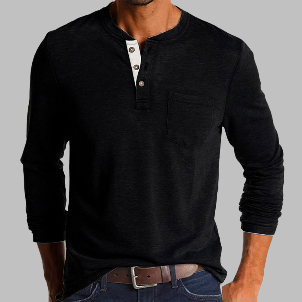 Spring/Fall New Trend T-shirt Men Elegant Fashion Button Half Open Collar Solid Color Long Sleeve Pocket Top Men Commuter Shirts