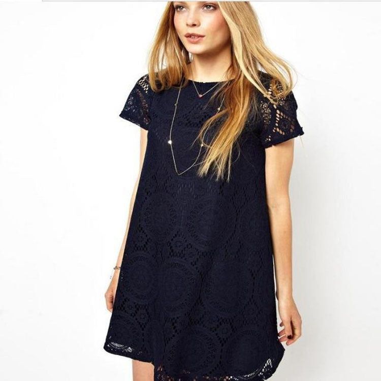 Summer large size women's dress, European and American dress, loose short sleeves, hollowed out kaleidoscope style, lace, a skirt.