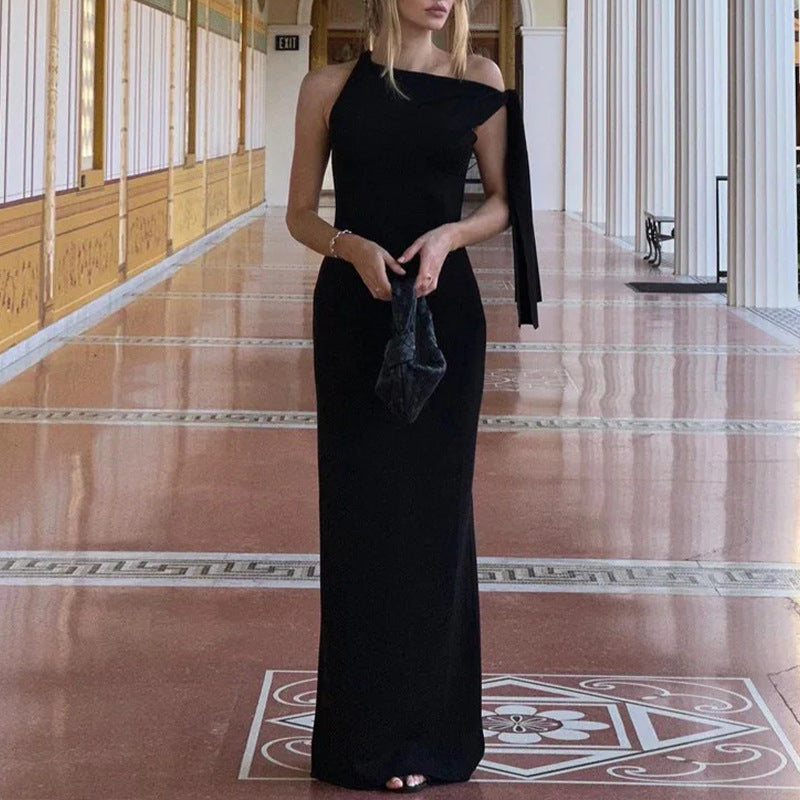 New Summer Women Sleeveless Slim Long Dress Fashion Spaghetti Strap Banquet Dress Elegant O-neck Lace Up High Waist Party Dress