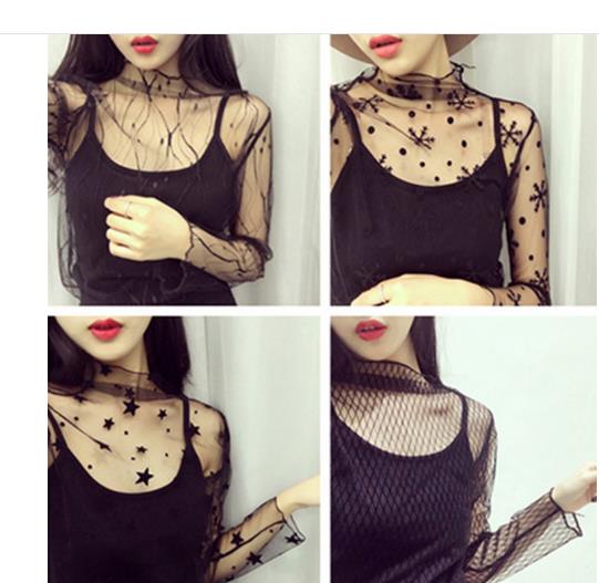 Sexy Mesh Tops Harajuku See Through T Shirt Hollow Out Transparent Long Sleeve Undershirt Dot Base Net Tops Club Heart Star