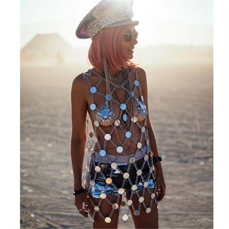 Summer new European and American night club exaggerated fishing net acrylic Sequin dress