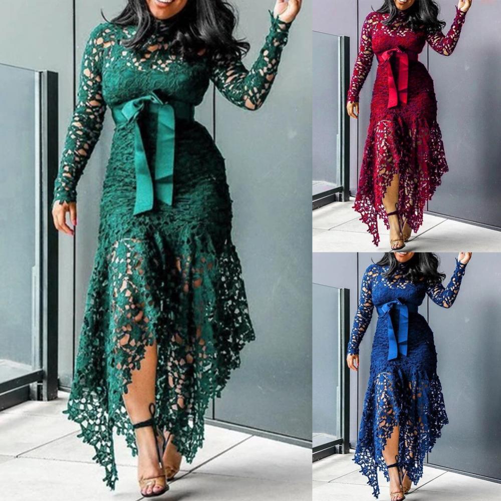 Dress Long Dress Bodycon Sexy Women Long Sleeve Bow Belted Irregular Hem Hollow Lace Long Dress