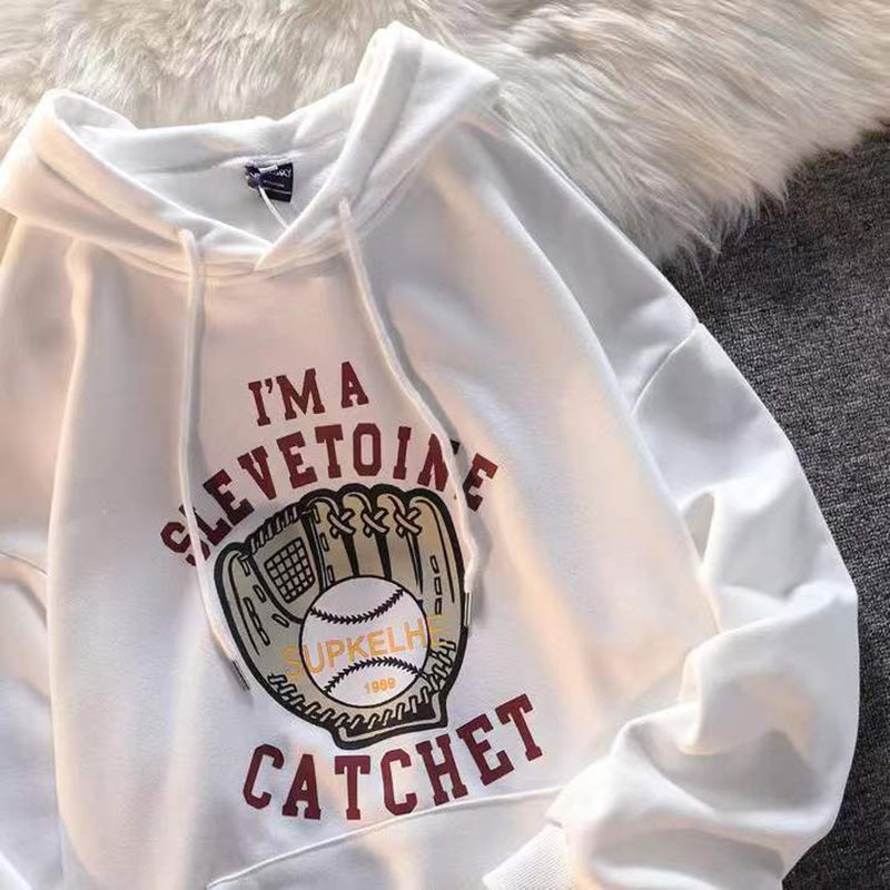 Dark green American baseball gloves printed Hoodie youth fashion Sweatshirt fall Vintage men's and women's loose Hoodie