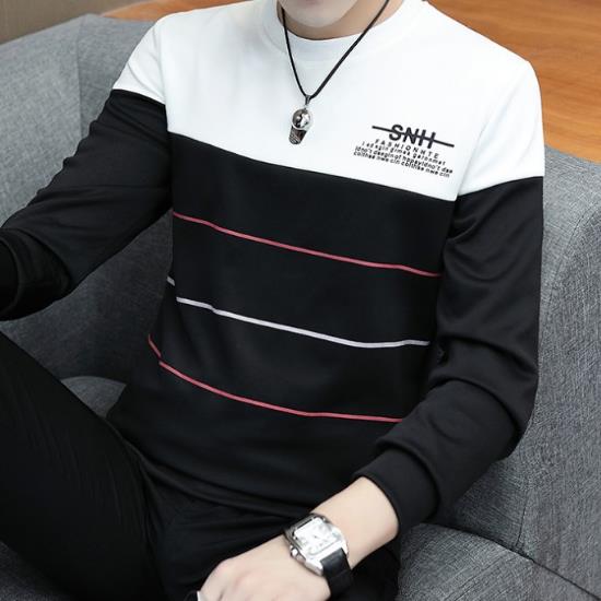 Men's Sweater Spring and Autumn Casual Sports Long-sleeved Slim Fashion Colorblocking Striped Round Neck Tops