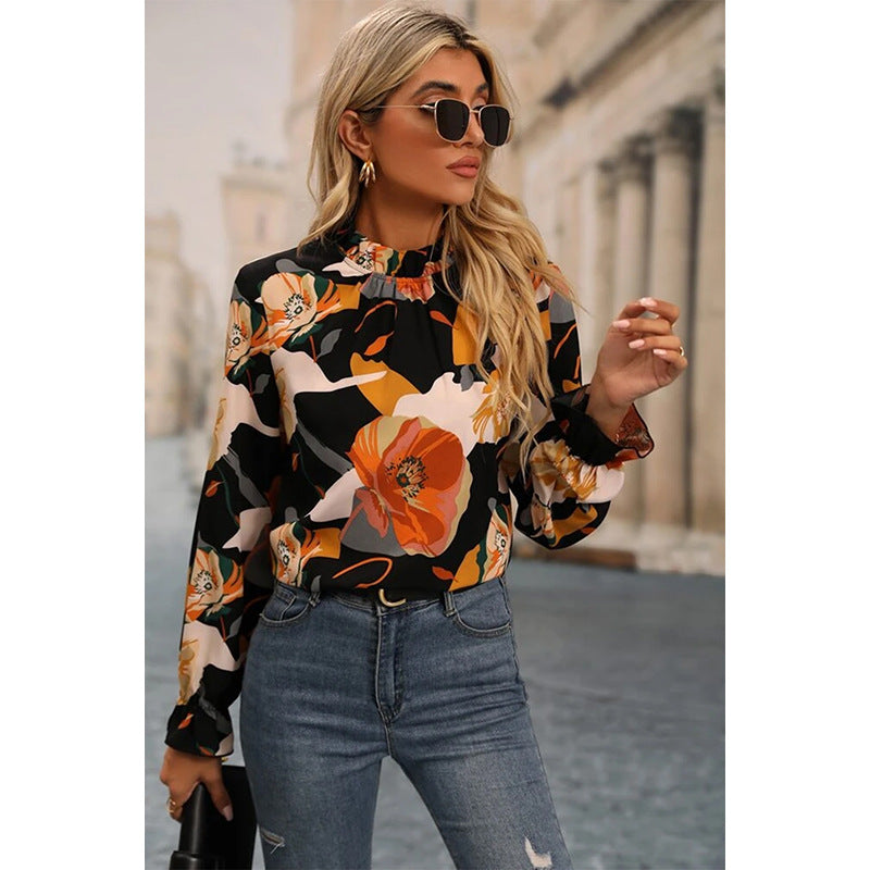 2024 early autumn thin contrast color temperament commuter chiffon shirt women European and American fashion floral print long sleeve pullover women
