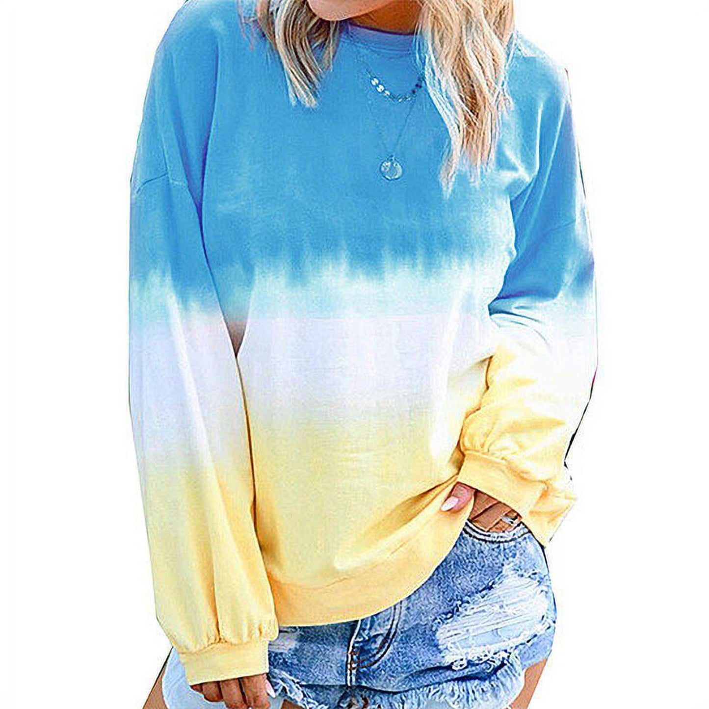 Women's Autumn and Winter Top Rainbow Gradient Print Long sleeved Sweatshirt Sweats Casual O-Neck Gradient Contrast Color