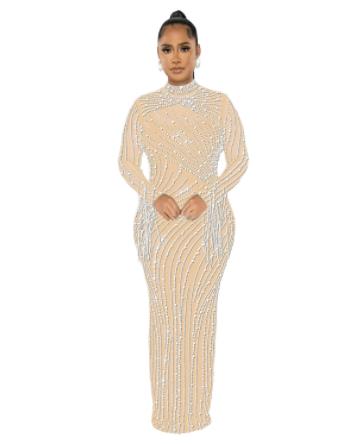 Women's Mesh See-through Rhinestone Long Sleeve Dress Lining Two-piece Set