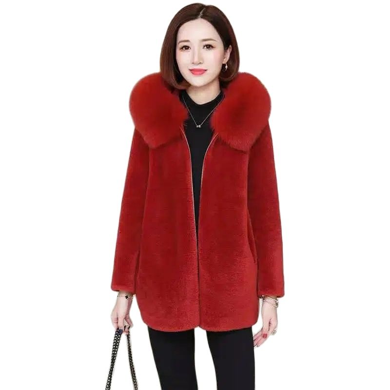 2023 New Sheep Shearing Coat Jacket Women Winter Faux Fur Overcoat Middle-aged Female Hooded Windproof And Warm Coats 5XL