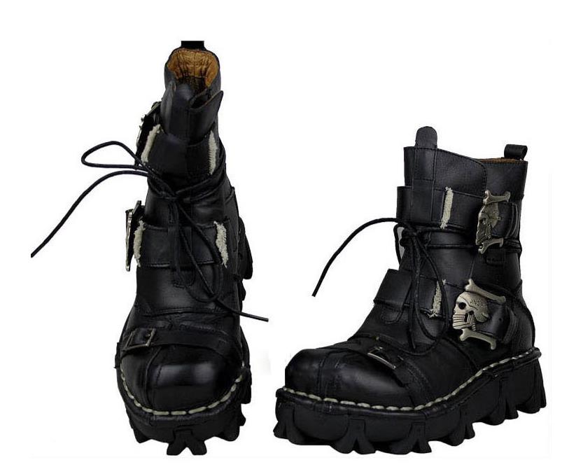 Men's Cowhide Genuine Leather Working Boots Military Combat Boots Gothic Skull Punk Motorcycle Martin Boots