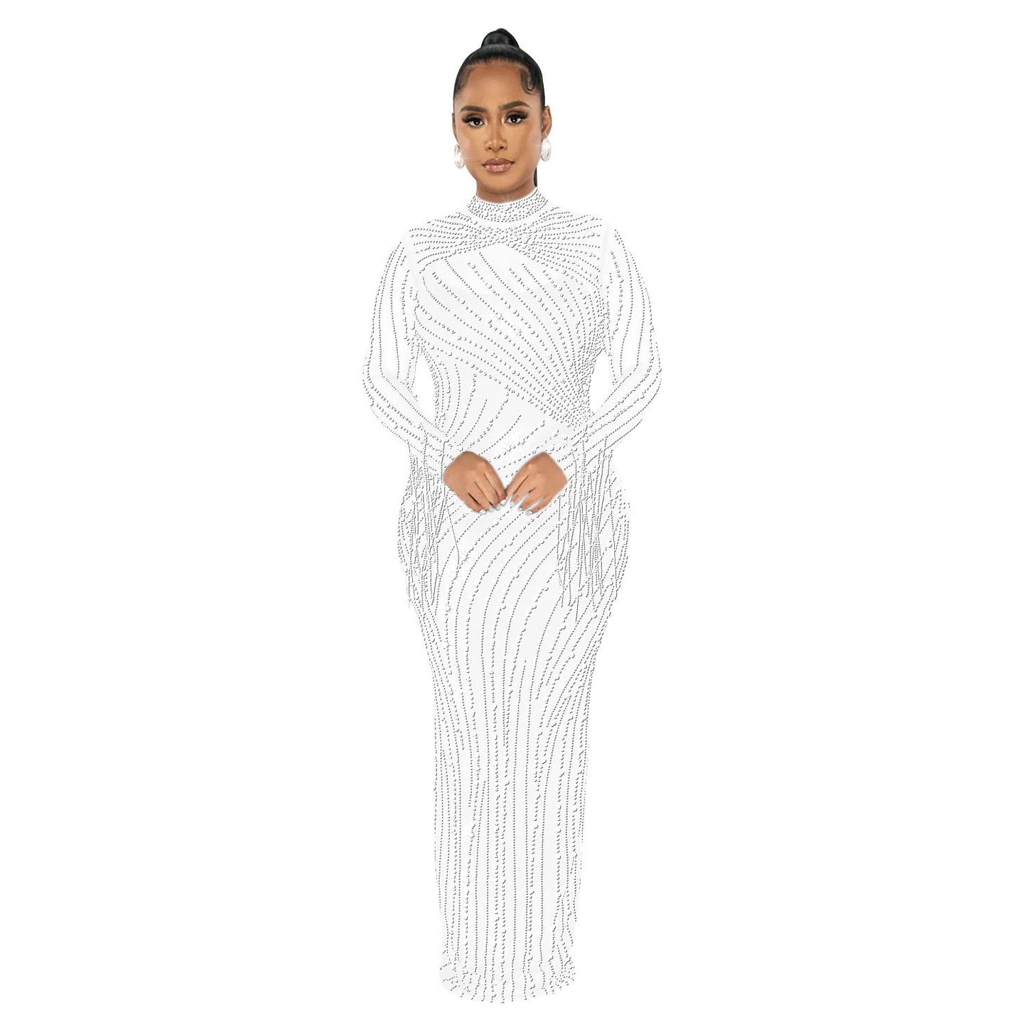 Women's Mesh See-through Rhinestone Long Sleeve Dress Lining Two-piece Set