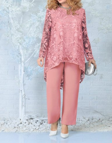 Set with Women's Pants and Lace Overlay Blouse - Plus Size