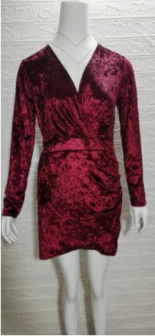 Fall Winter Fashion Solid Color And V-neck Long Sleeve Velvet Sheath Dress