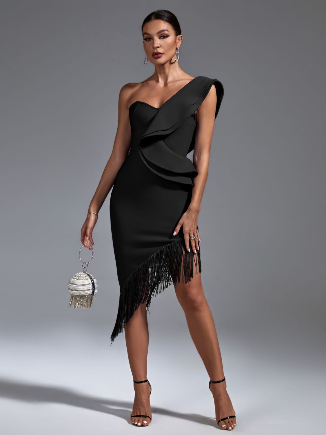 Black Bandage Dress Women Tassel Party Dress Bodycon Elegant Ruffle Sexy One Shoulder Birthday Club Evening Outfits Summer