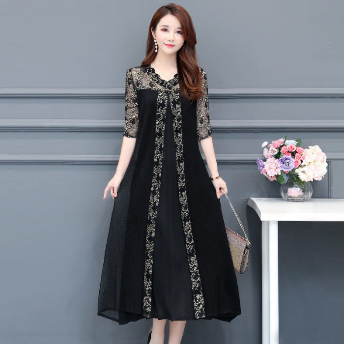 Temperament dress loose five-point sleeves lace women's large size large swing long skirt