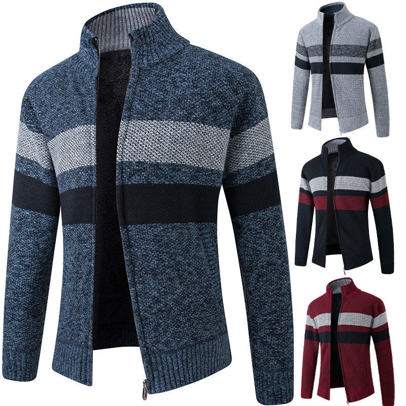 Autumn and winter men's new plus velvet thick sweater fashion stand collar sweater cardigan zipper jacket coat trendy