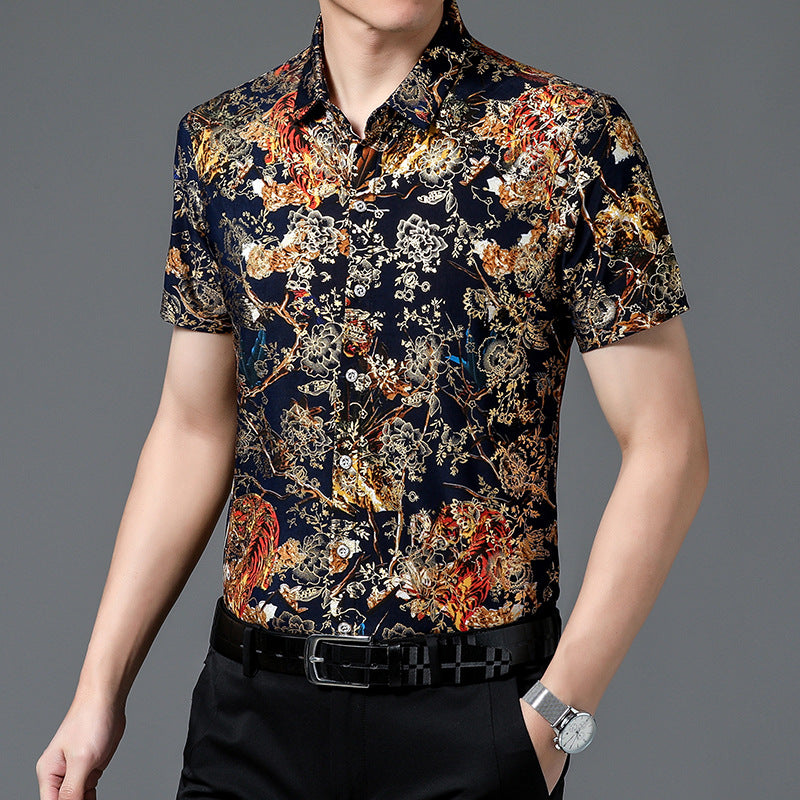 Men's Short-sleeved Shirt Summer Fashion Casual Bronzing Short Flower Shirt Floral Non-ironing Men's Half-sleeved Fashion Short T