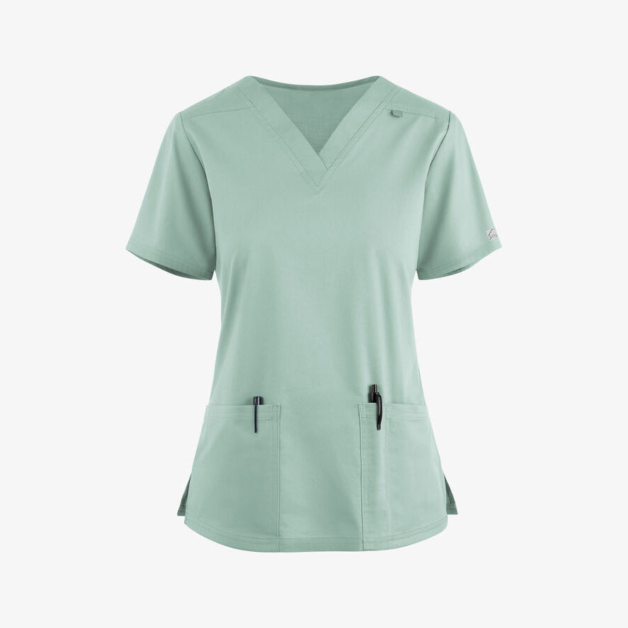 2023 European and American new style solid color pocket V-neck nursing work uniform nurse clothes two-piece suit women's short sleeve