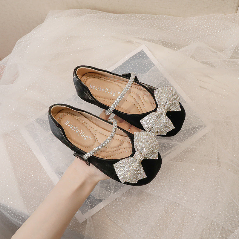 Girls Mary Jane 2022 Spring Fashion Dress Rowtie Princess Shoes Baby Shoes Kids Flats Dance Brand Rhinestone Glitter Soft Sole