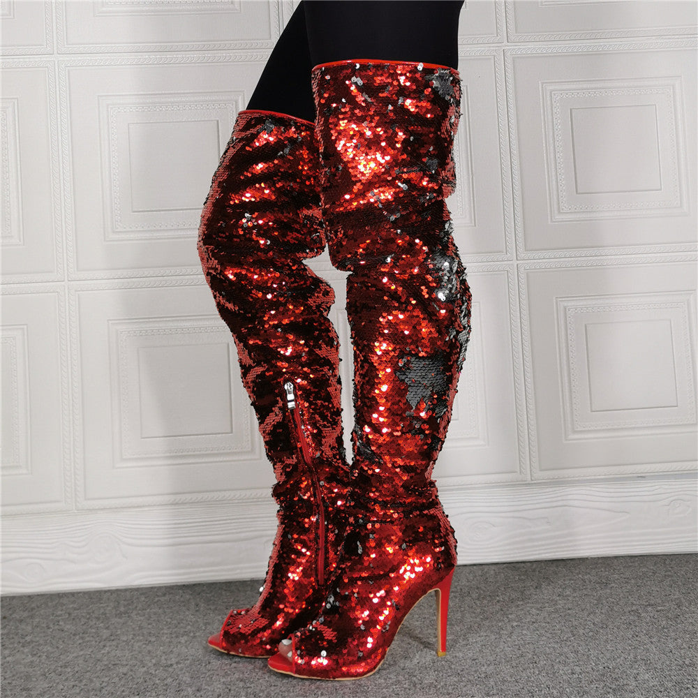 Women's Fashion Fish Mouth Sequin High Heel Over Knee Boots