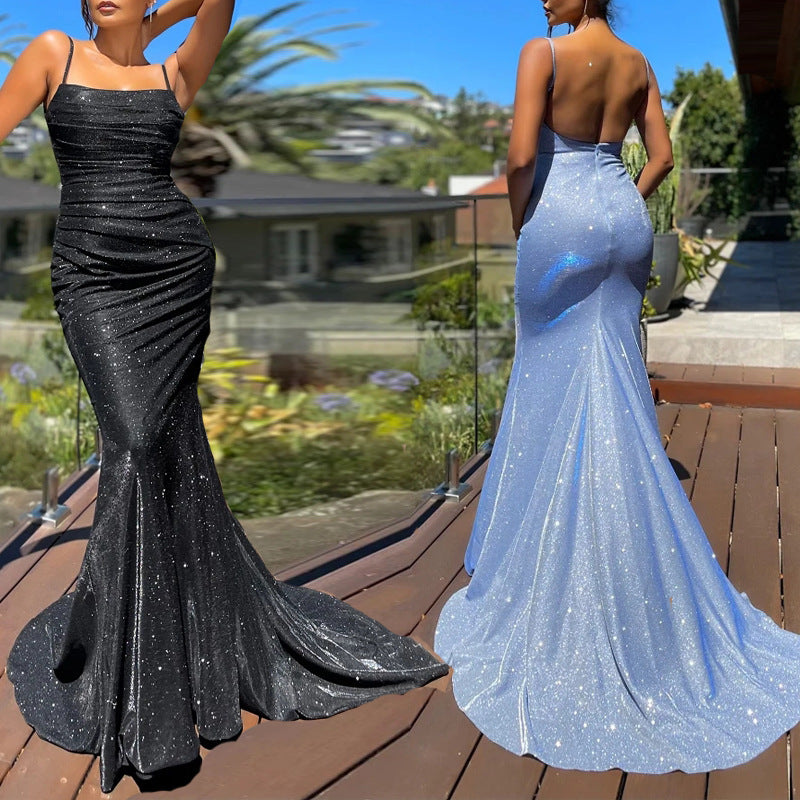Ladies Dresses Women's Maxi Dress Slim Body Pack Hip Bodysuit Sexy Shiny Sleeveless Sling Gown Slim Mermaid Maxi Dress for Party, Dating, Banquet