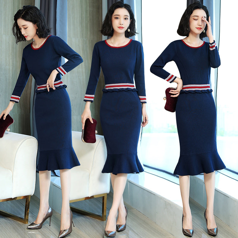 Fishtail Skirt Fashion Splicing Temperament Fashion Leisure Long Sleeve Nine-Sleeve Fall Dress 2020