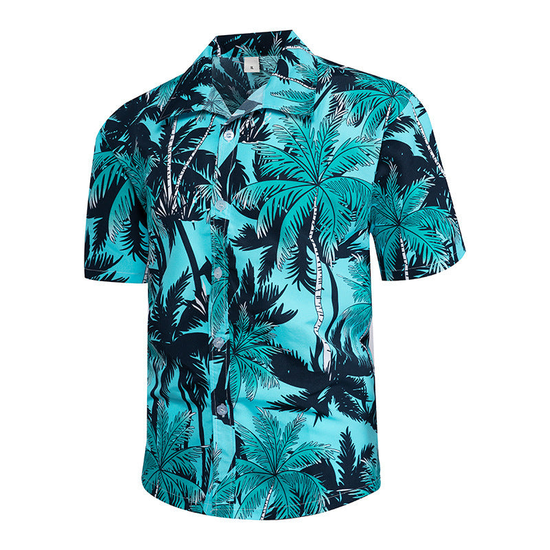 Men's Creative Hawaiian Coconut Tree Element 3D Printing Trend Loose Short Large Size Shirt