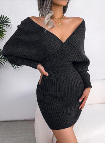 Sweater Dresses For Women 2022 Casual Deep V Neck Mini Sexy Bodycon Dress Batwing Long Sleeve Knitted Winter Dresses Clothes