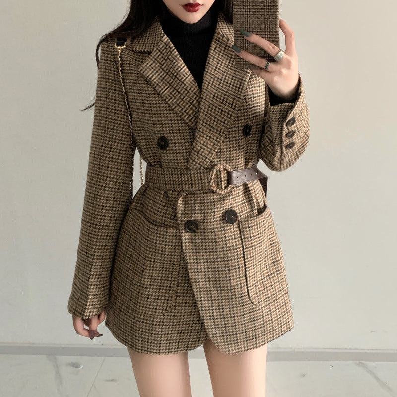 Plaid small suit lace-up woolen jacket