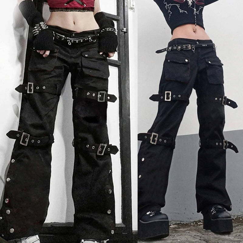 Women Black Cargo Jeans with Multi Pockets Metal Buckle Belt Straight Trousers Dropship