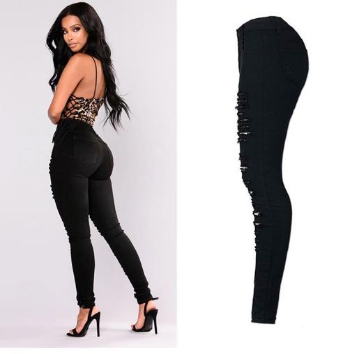 European and American personality explosions street popular full strips torn Slim stretch high waist denim pants pants large size