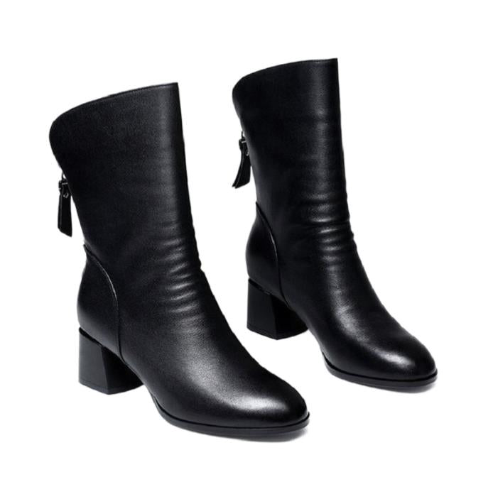 Genuine soft leather autumn and winter new mid-calf boots for women thick heel Martin boots (a pair)