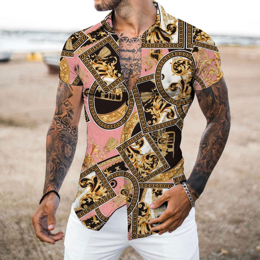 Men's Shirt Summer Lapel Hawaiian Print Fashion Versatile Fit Casual British Style Polyester Short Sleeved Shirt Suitable for Hawaiian Beaches, Couples Dating, Parties