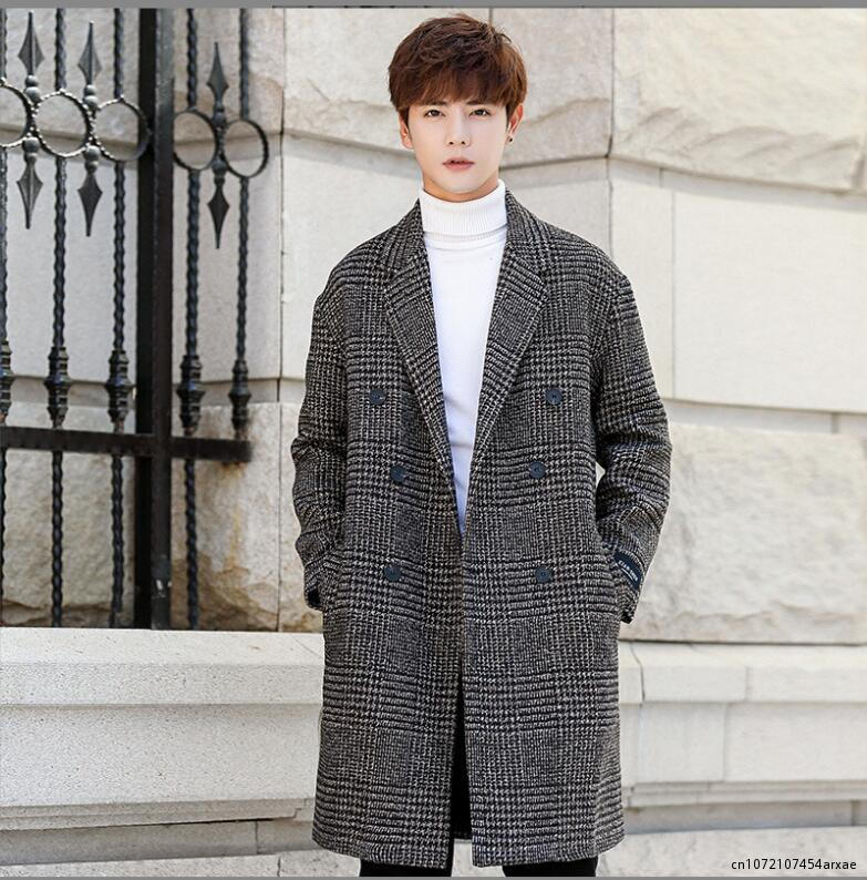 Fashion Men Coat Autumn Winter New Fashion Plaid Double Breasted Lapel Coat Mid-long Coat Men Chic Wool Blends Winter Coat Men