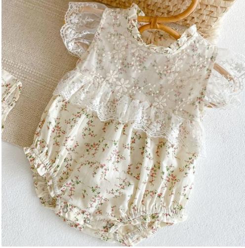 Summer small rattan mesh lace flying sleeves baby girl baby romper jumpsuit one-piece clothes crawling clothes
