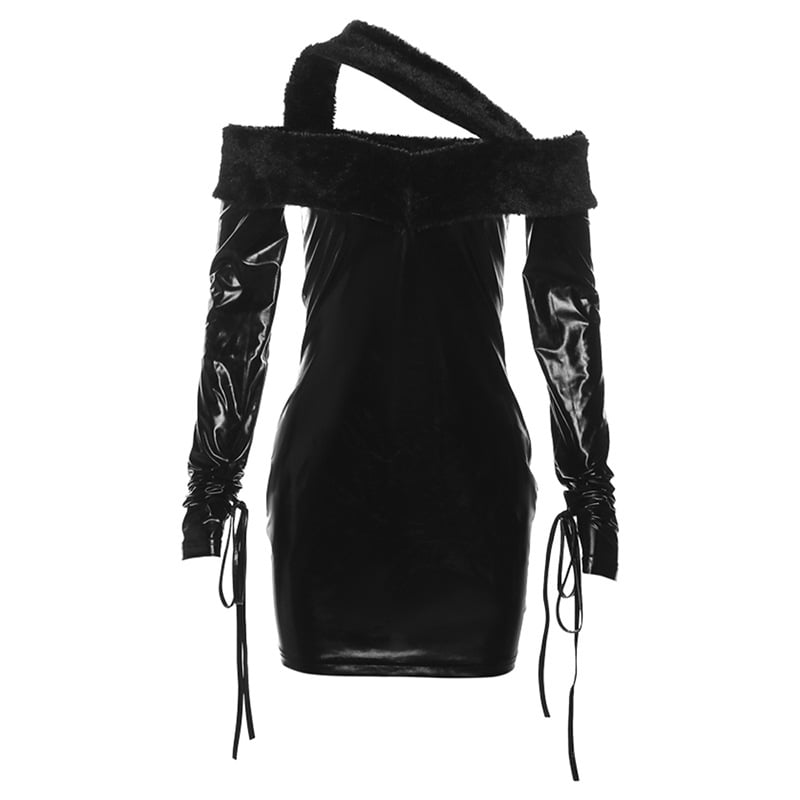 Style Fall Winter Fashion Off-neck Long Sleeve Slim Hip PU Dress